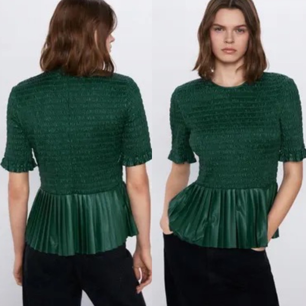 ZARA Emerald Pleated Short Sleeve peplum leather blouse size small - Picture 2 of 8
